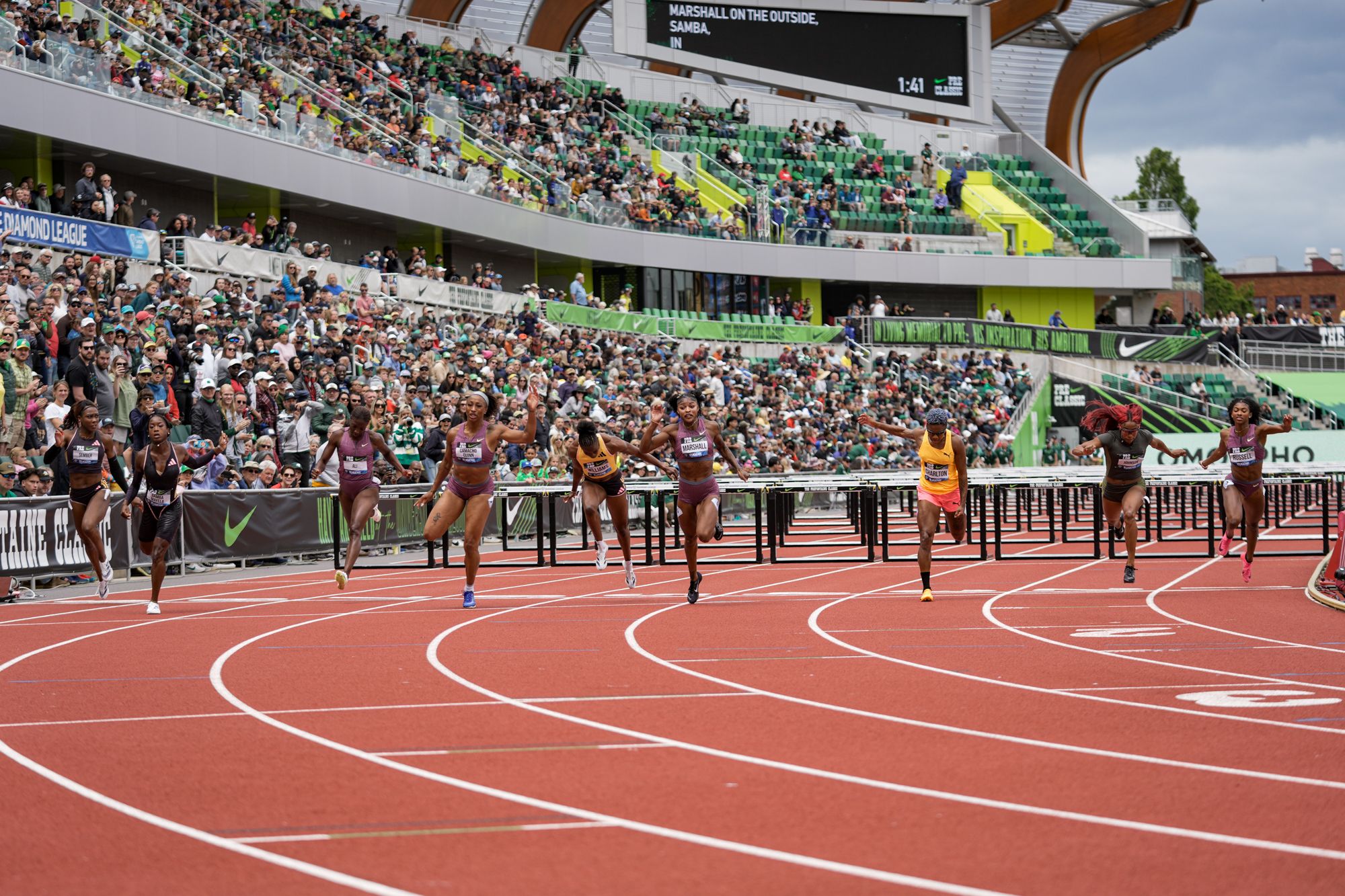 Cyrena Samba-Mayela wins the 100m hurdles in Eugene